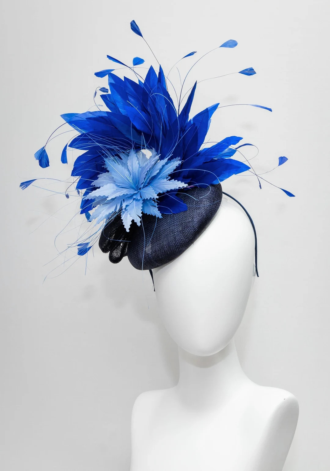 blue kentucky derby hat fascinator navy blue sinamay  base with light blue feather flower royal b... | Etsy (US)