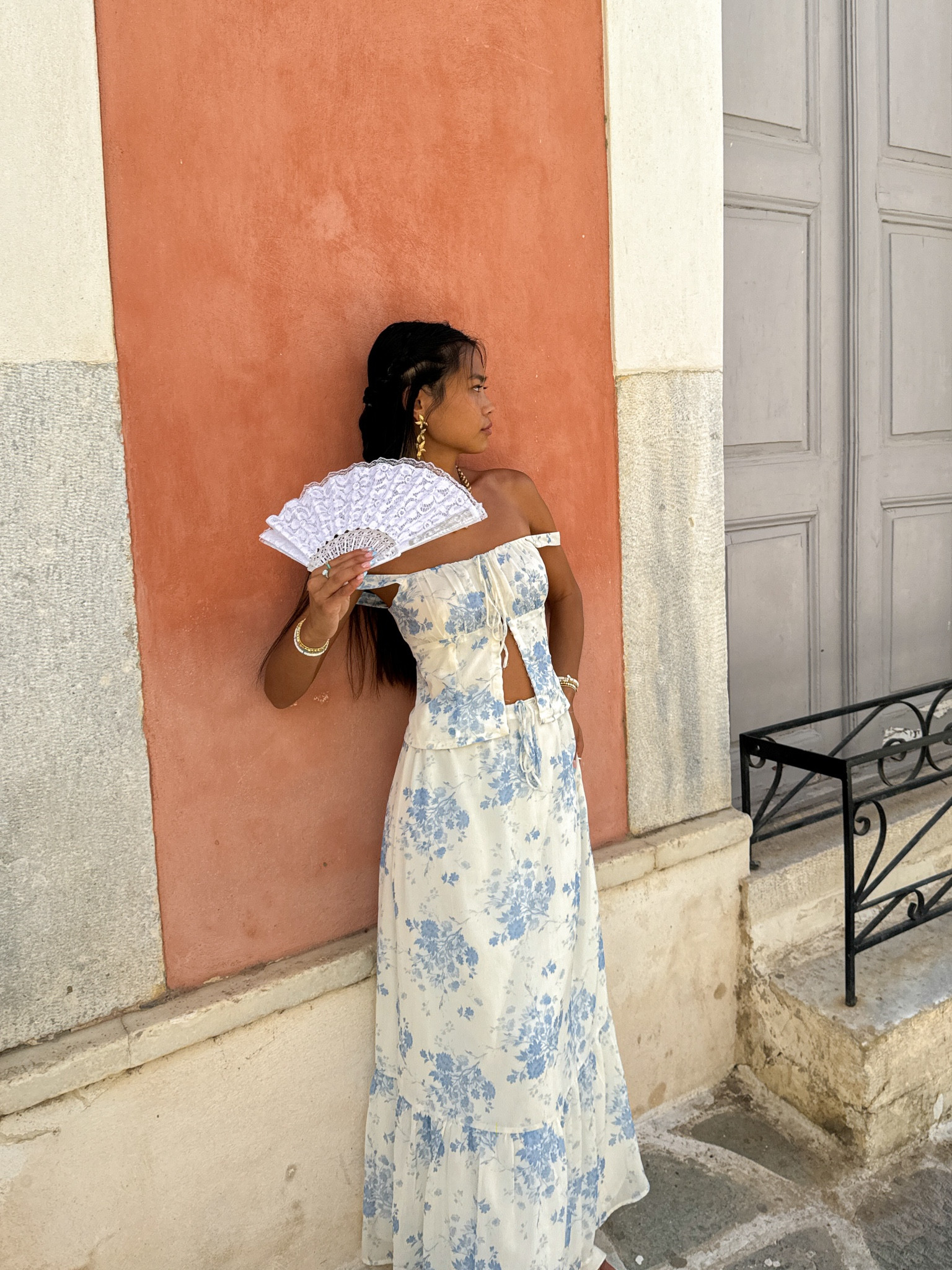 european summer ootd, floral maxi set, maxi skirt and corset top, gold earrings, pura vida bracelets, classy elegant 

#LTKTravel #LTKStyleTip #LTKFindsUnder100