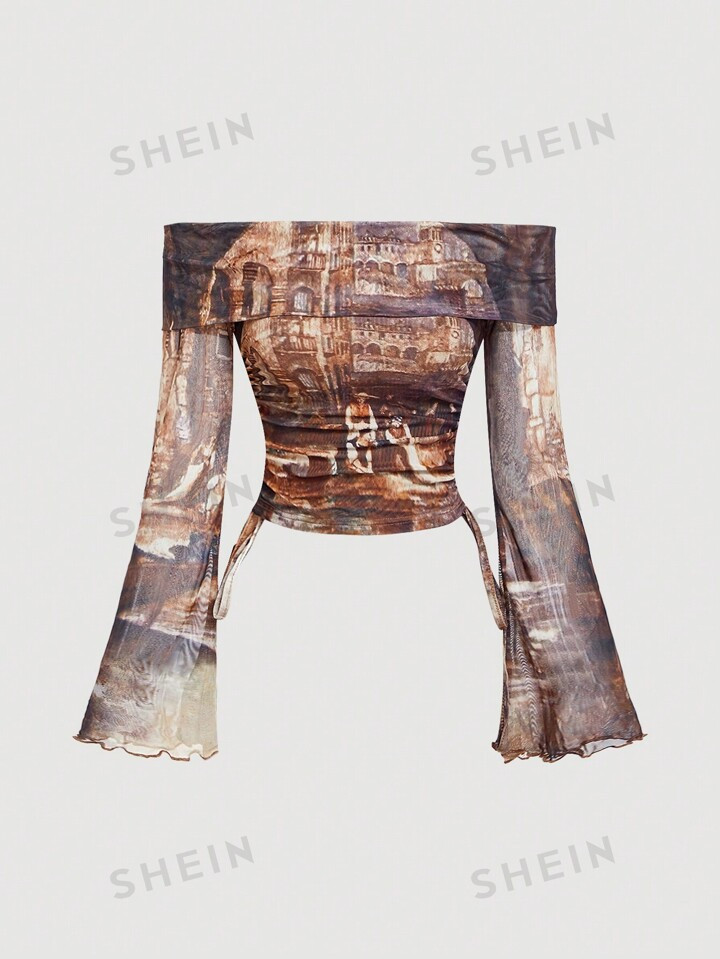 SHEIN MOD Women's Off-Shoulder Vintage Printed Bell Sleeve Top | SHEIN