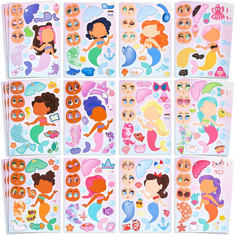 JOYIN 36 Pcs 9"x6" Mermaid Make a face Stickers for Kids, Make Your Own Mermaid Sticker Sheets, P... | Amazon (US)