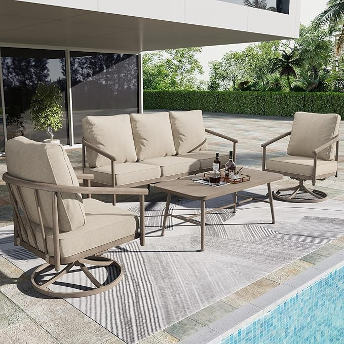 5-Piece Patio Furniture Set, 3-Seat Wicker Sofa with 2 Windsor Swivel Chairs & Wood Grain Coffee ... | Amazon (US)