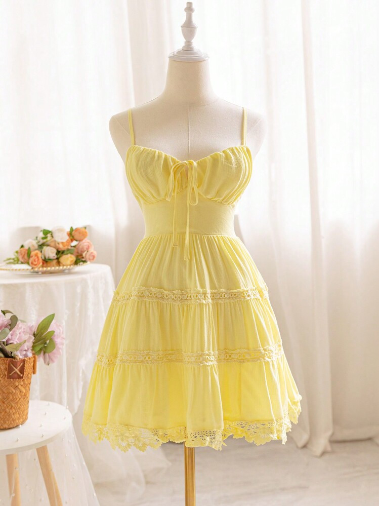 Soleia Women Romantic Yellow Cupped Pleated Mini Dress, Perfect For VacationSummer Wedding, Features Back Tied Bow, Waistband, A-Line, And Lace Trims | SHEIN