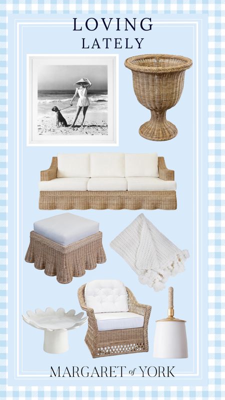 20% off kathy kuo home.  I love a classic wicker and white combo and this black and white photography piece is 👏🏻 wicker sofa, wicker planter, wicker ottoman, mainly baskets home, throw blanket, wicker chair, home decor, classic home decor 

#LTKhome