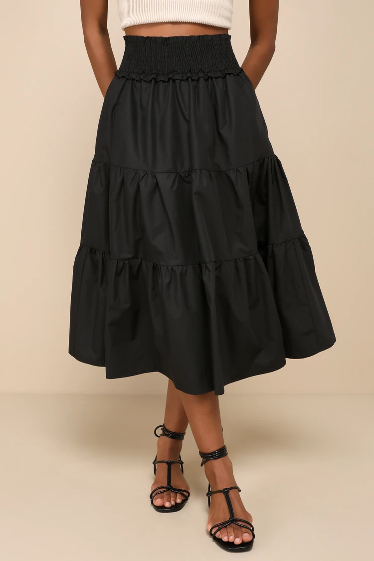 Covetable Charm Black Poplin Tiered Midi Skirt | Lulus