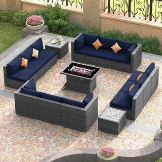 15-Piece Large Size Gray Wicker Patio Conversation Sofa Set with Navy Blue Cushions Fire Pit Table and Coffee Tables | The Home Depot