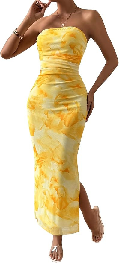 GORGLITTER Women's Mesh Floral Strapless Bodycon Maxi Dress Ruched Tube Long Dresses with Slit | Amazon (US)