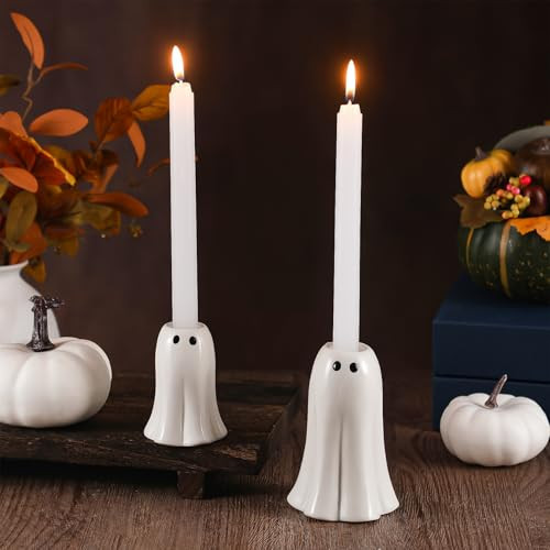 Reallnaive 2 Pcs Halloween Ghost Candlestick Holders Cute Ghost Shape Candle Stick Holders Ceramic Taper Candleholder for Holiday Wedding Party Home Decorative Table Centerpiece Not Included Candle | Amazon (US)