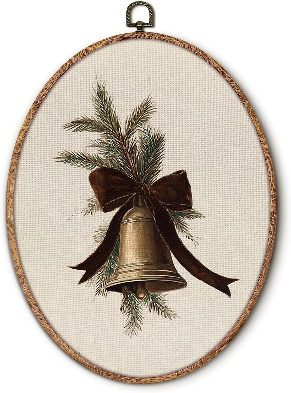 Hxlac Vintage Christmas Bell Oval Wall Art Framed, Neutral Christmas Bell Pine Bow Oval Wall Decor, Cottagecore Winter Holiday Hanging Canvas Prints Sculptures for Home Decor, 8.5x11.5 Inch | Amazon (US)
