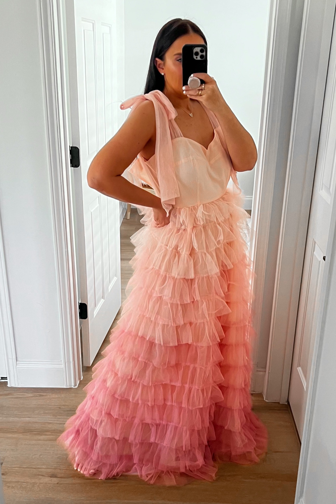 Red Dress Feel My Love Pink Maxi Aura Dress wearing size small. Kendra Scott Ari Heart Gold Pendant Necklace. Steve Madden Women's Clearer Dress Sandal wearing size 9.5