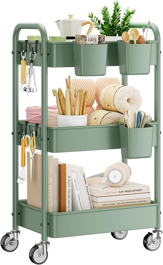 YASONIC 3-Tier Rolling Cart, Green, 66 Pounds Capacity, Mesh Storage Organizer with Lockable Whee... | Amazon (US)