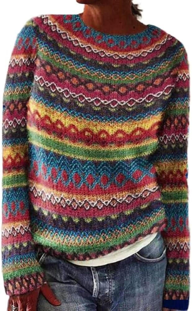 Womens Pullover Argyle Vintage Sweaters Winter Fall Casual Loose Long Sleeve Knitted Sweater Tops | Amazon (US)