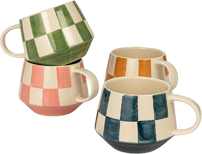 Creative Co-Op Stoneware Mug Set with Checkered Patterns, Multicolor, Set of 4 | Amazon (US)