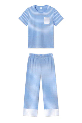 Pima Crew Wide Leg Pajama Set in Mixed Baltic Blue Stripe | Lake Pajamas