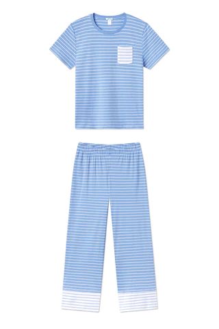 Pima Wide Leg Pajama Set in Mixed Baltic Blue Stripe | Lake Pajamas