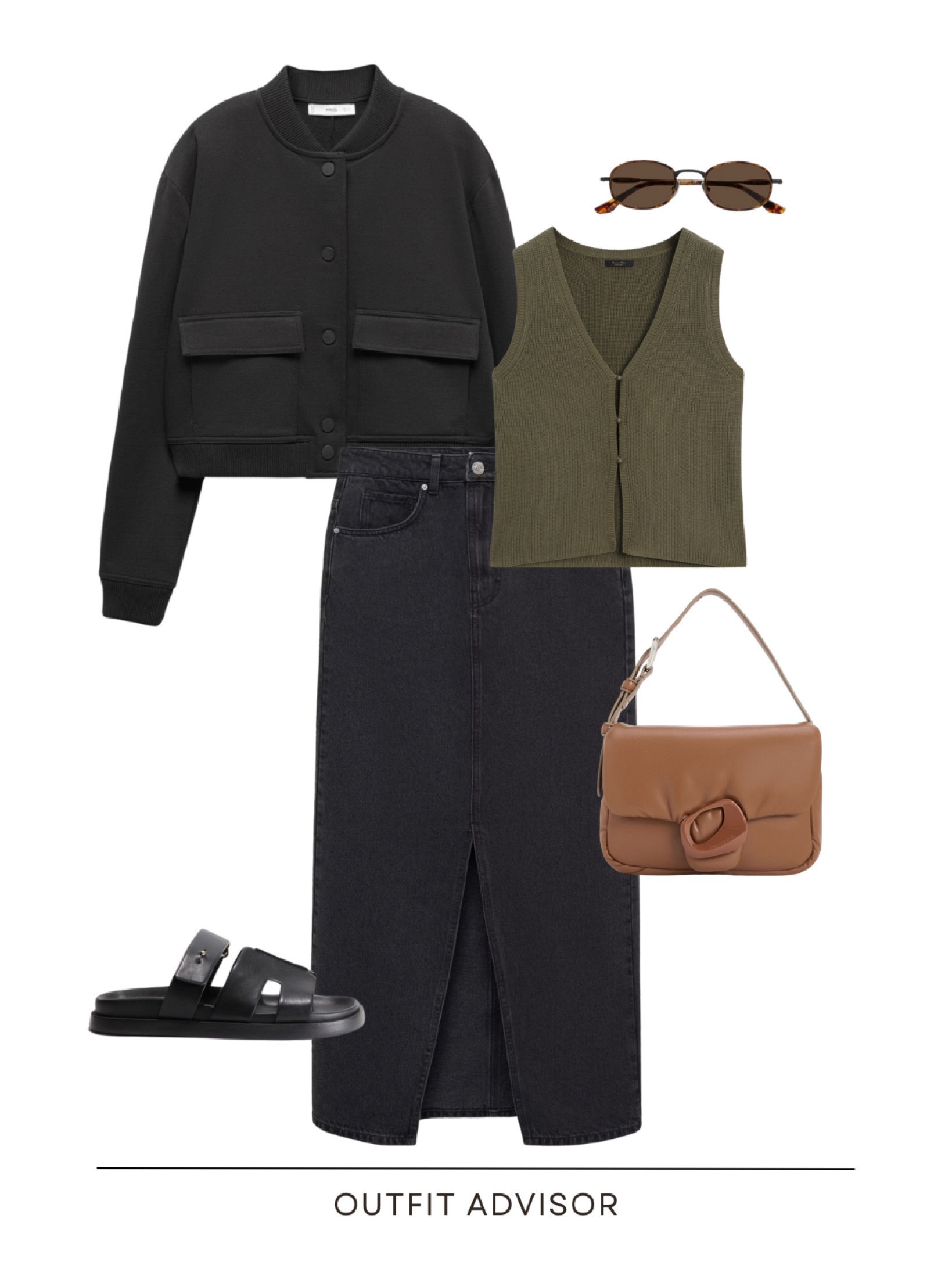 Spring outfit inspo: a black bomber jacket, black denim midi skirt, olive green knit top, black sandals, brown shoulder bag and sunglasses 

#LTKmidsize #LTKstyletip #LTKitbag