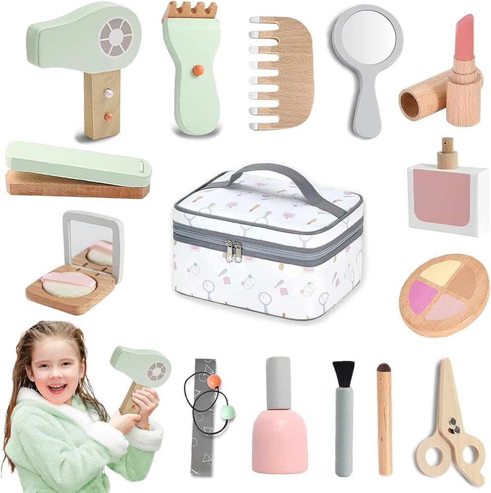 Wooden Makeup Toy Set, 16 PCS Pretend Wood Beauty Salon Playset for Girls, Aesthetic Wooden Makeu... | Amazon (US)