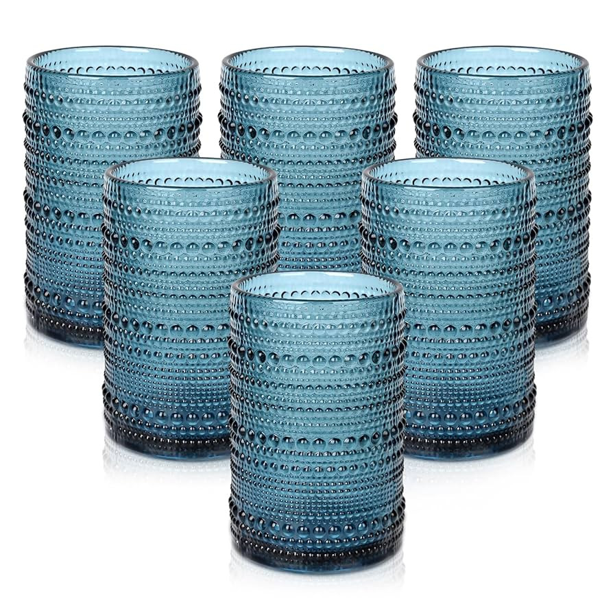 Vintage Glassware Drinking Glasses Set of 6,15 oz Hobnail Glass Cups,Embossed Blue Water Tumbler,... | Amazon (US)