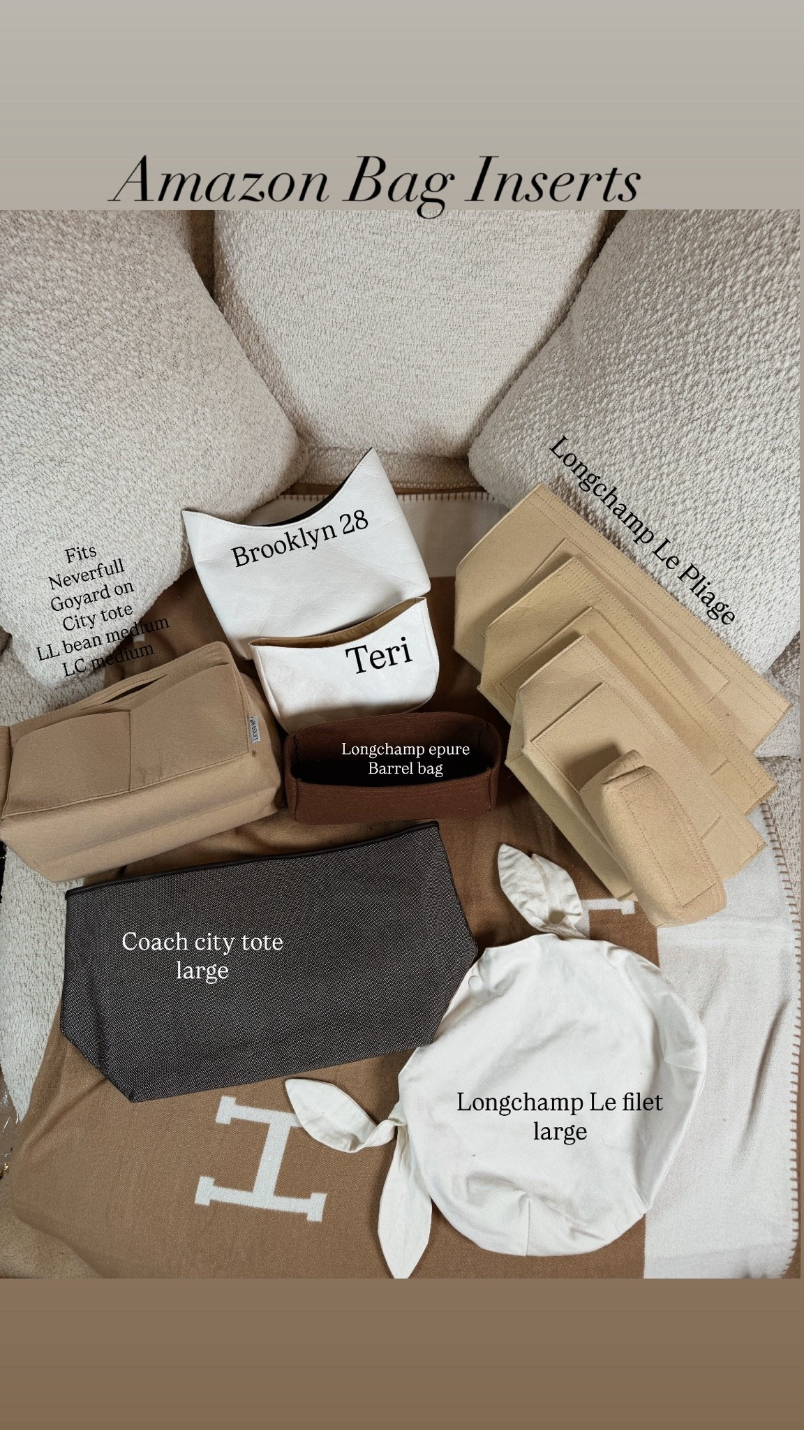 All of my bag inserts ♥️

Coach Brooklyn 28 insert
Coach outlet Teri insert (also fits in small Kate spade 454)

Longchamp Le Pliage inserts in all sizes
Longchamp pouch insert also fits Coach outlet Nolita 19
Coach city tote insert
Longchamp Le filet large insert
Square insert fits in Neverfull, Goyard pm, coach city tote, medium Longchamp Le Pliage, LL bean medium boat and tote
Battle bag insert for my Longchamp epure Louis Vuitton papillon

#LTKgrwm #LTKootd #LTKMothersDay