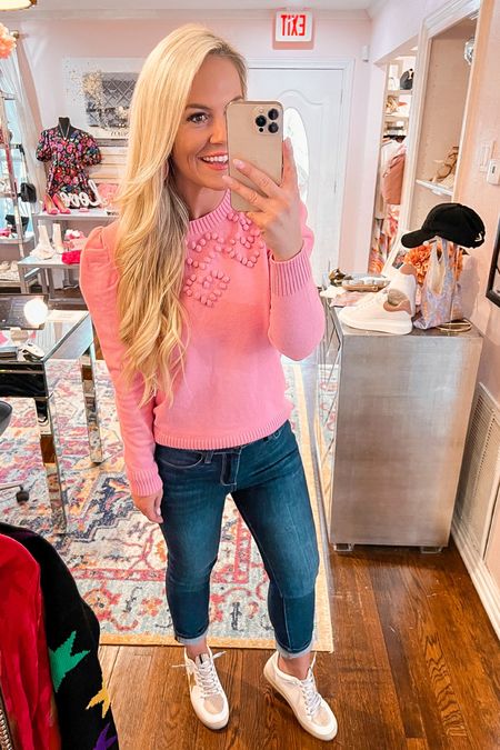 Pink Heart sweater has the perfect fit! Love that this can easily be dressed up or down. Runs tts size wearing small. Available in multiple colors. 