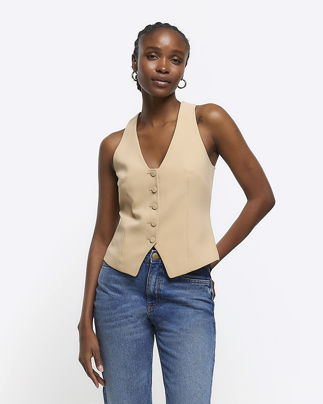 Beige button front waistcoat | River Island (UK & IE)