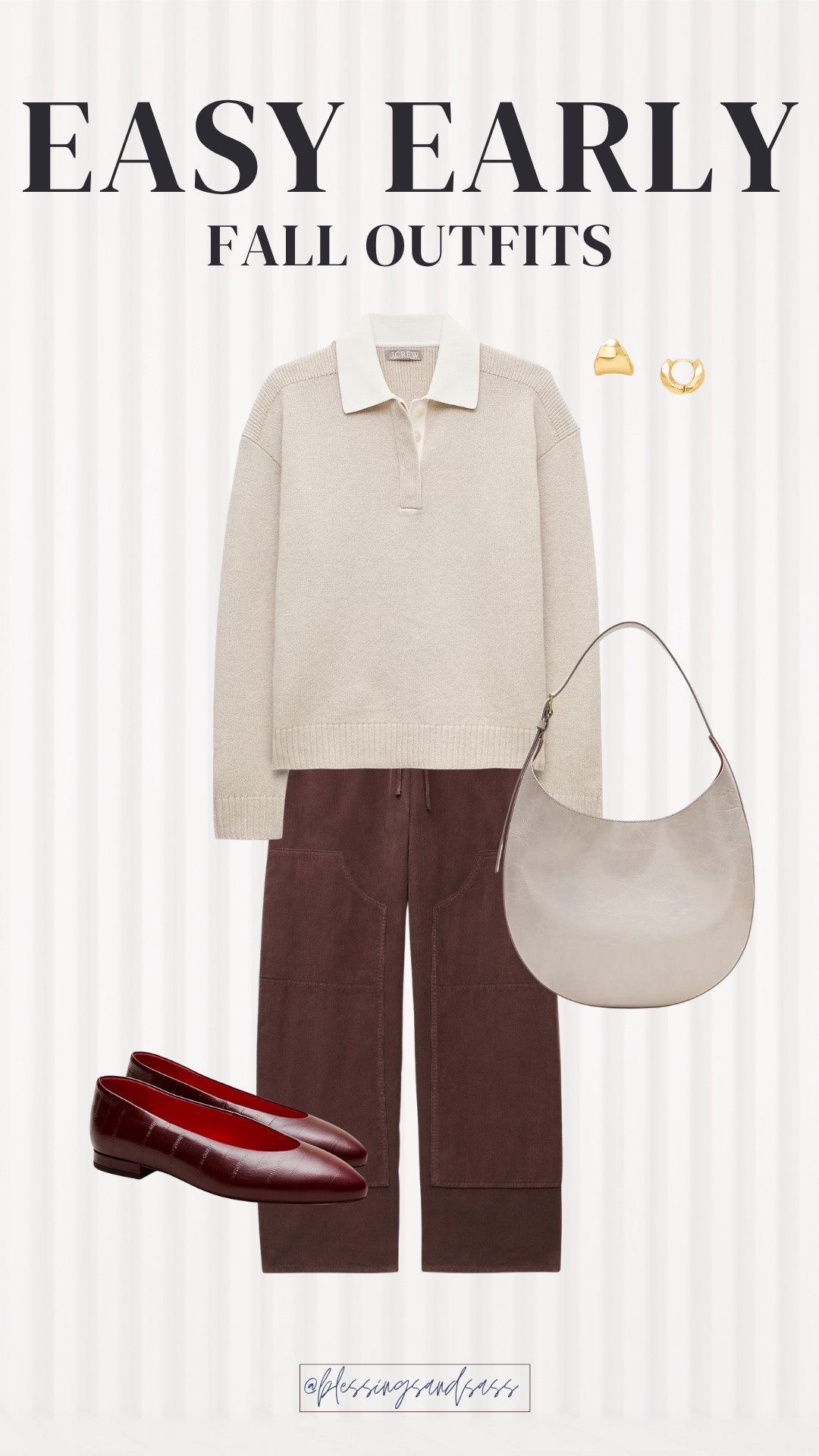 This color combination is so good for fall! A cozy collared sweater, chocolate brown pants, burgundy flats and a simple neutral bag make the cutest everyday outfit.☺️

early fall outfit, casual fall outfit, brown pants, collared sweater, ballet flats, fall handbag

#LTKgrwm #LTKSeasonal #LTKOver40