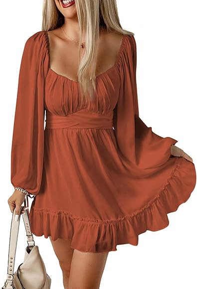 Acelitt Fall Fashion 2023 Wedding Guest Dress for Women Square Neck Long Lantern Sleeve Ruffle A-... | Amazon (US)