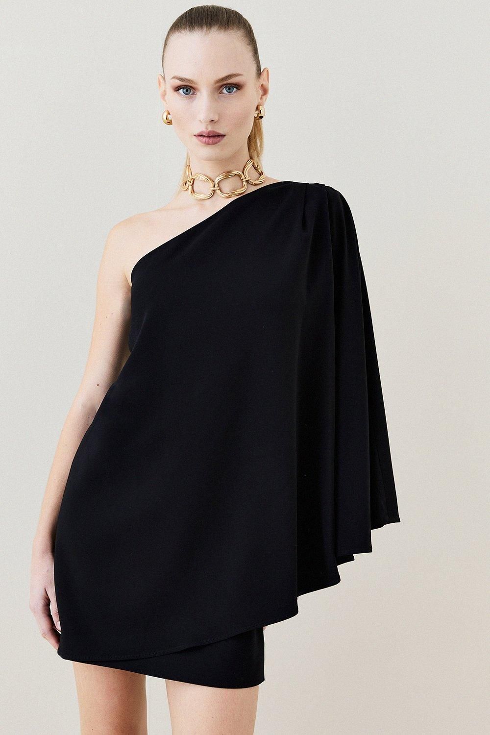 Compact Viscose One Shoulder Cape Mini Dress | Karen Millen US
