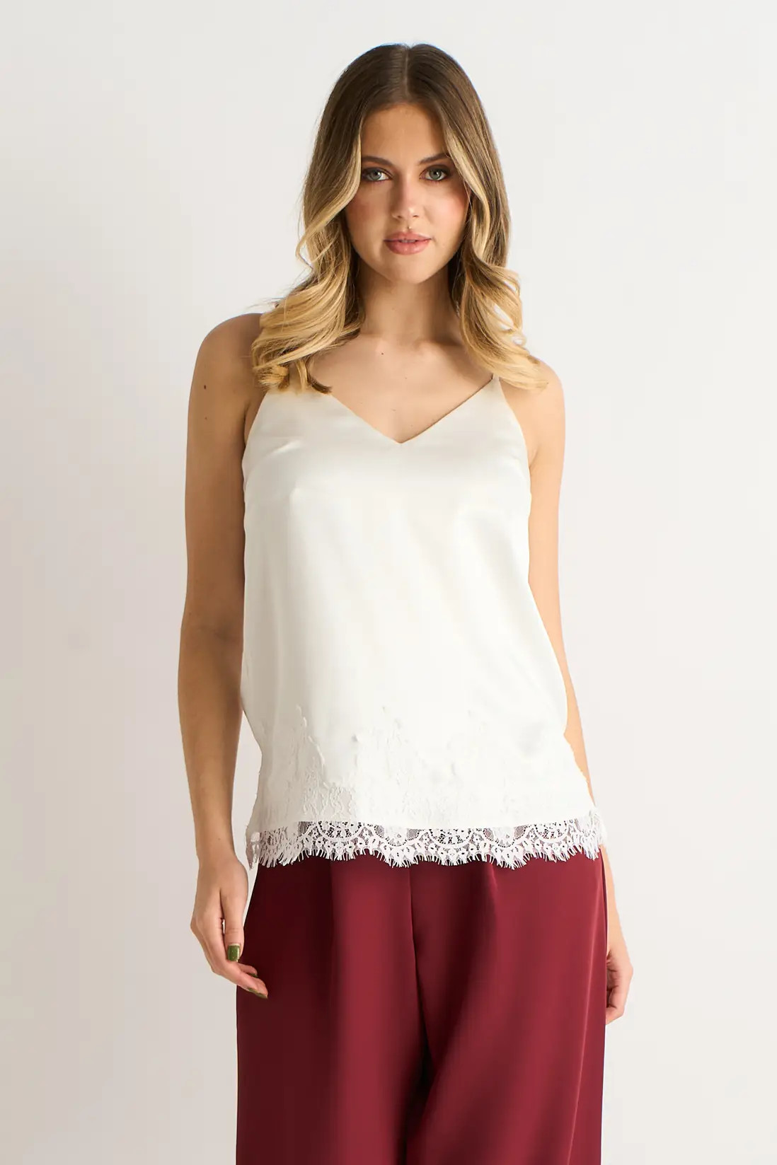 White Gini London Lace Trim Satin Cami Top | Boohoo | Boohoo.com (UK & IE)