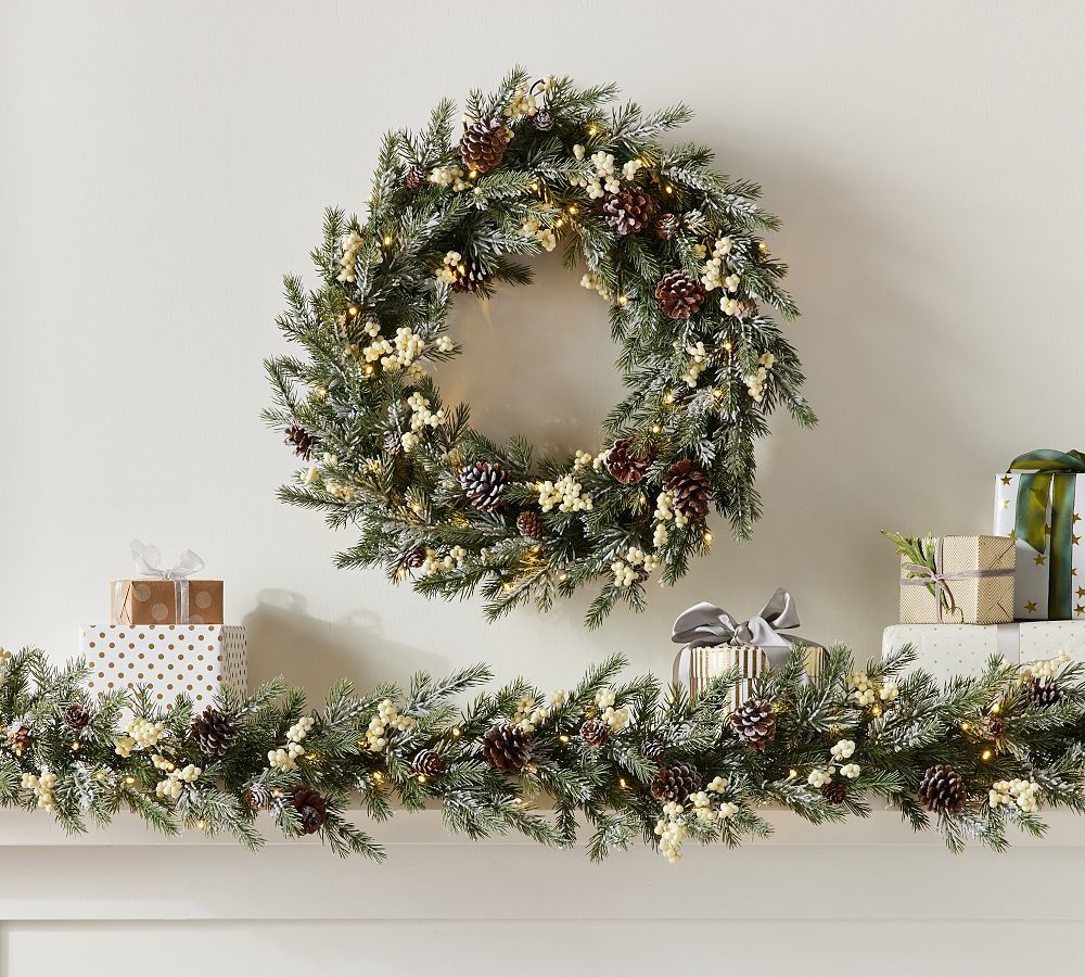 Lit Faux Frozen Pine & White Berry Wreath & Garland | Pottery Barn (US)