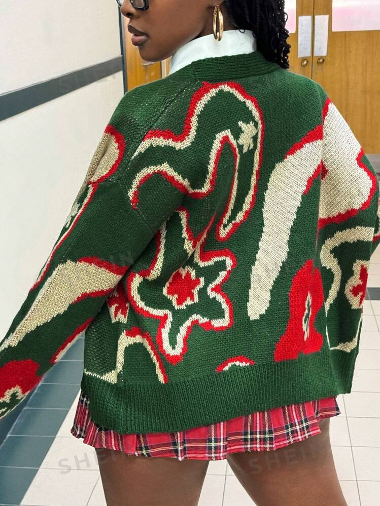 SHEIN Slayr Women's Flower Pattern  Sesame Bottom Craft Colorful Flower V-Neck Woolen  Cardigan | SHEIN