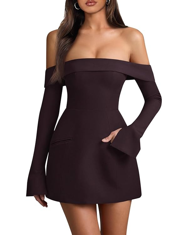 Wenrine Women's Sexy Off The Shoulder Mini Dress Bell Long Sleeve A Line Flared Going Out Club Pa... | Amazon (US)