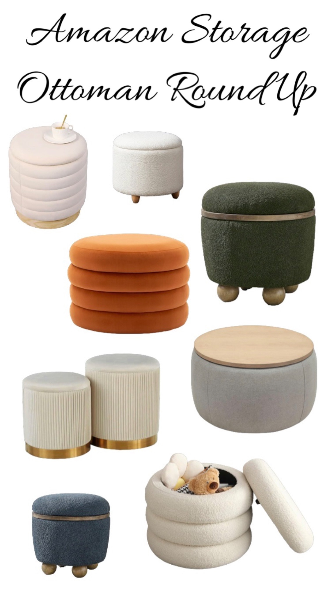 All of these round ottoman’s also double for storage, which is a must have for a small house! They come in several colors so if you see a style you like, check to see what other colors might be available! I got the green round storage ottoman for our living room 😍 

There’s sherpa fabric ottoman, velvet ottomans, etc  

You can find all these storage ottoman’s on Amazon 💕

#LTKhome