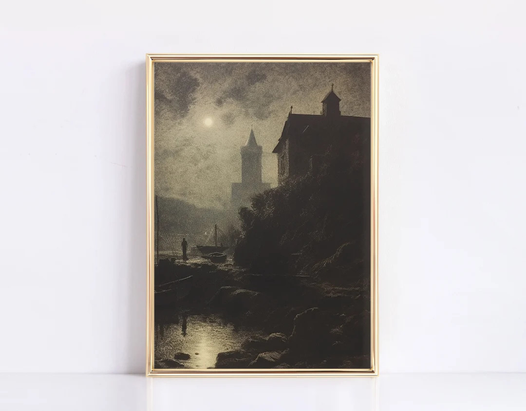 Vintage Halloween Print Dark Academia Lakeside Church - Etsy | Etsy (US)