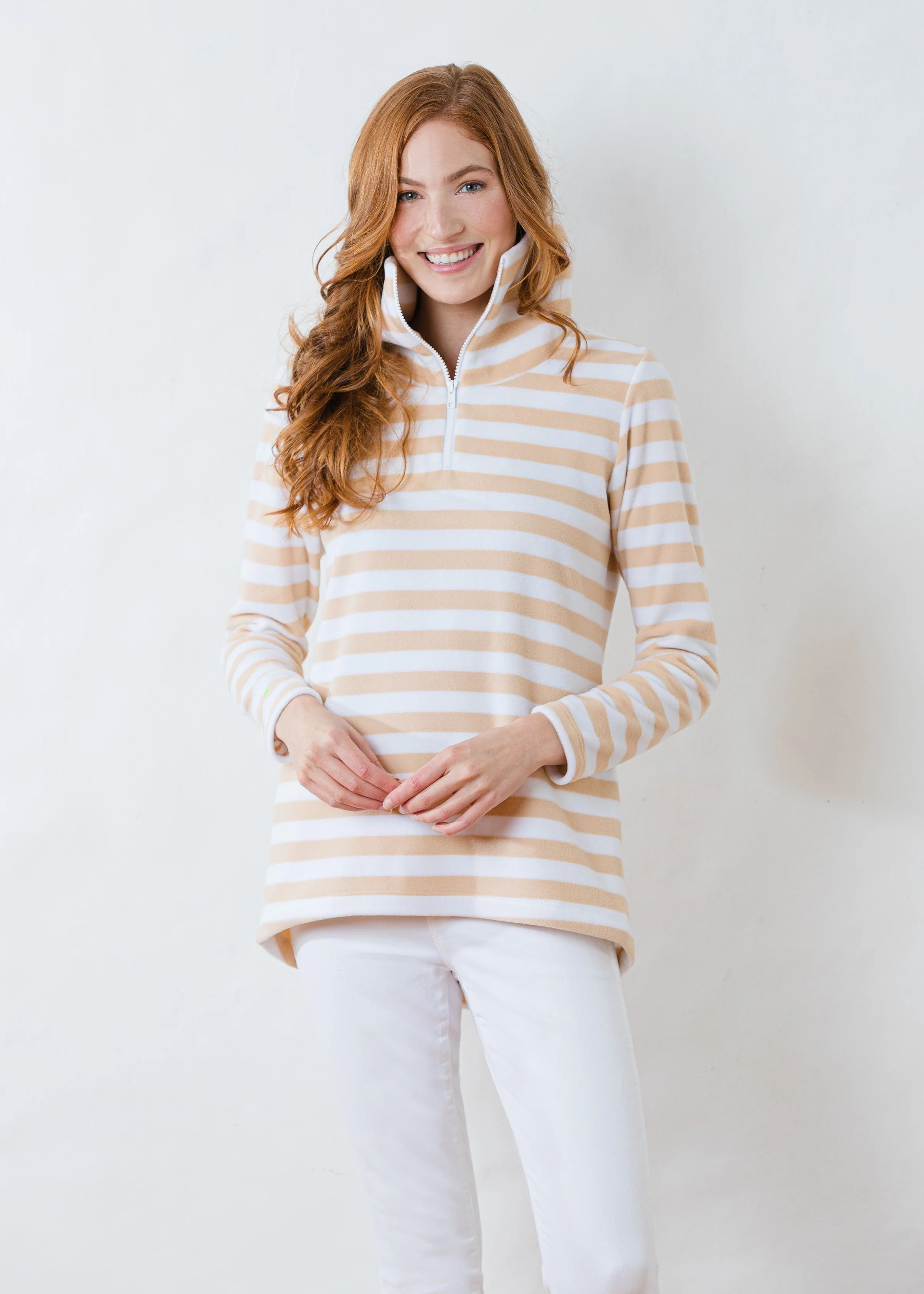 Prospect Pullover in Striped Fleece (Natural Blush / White) | Dudley Stephens