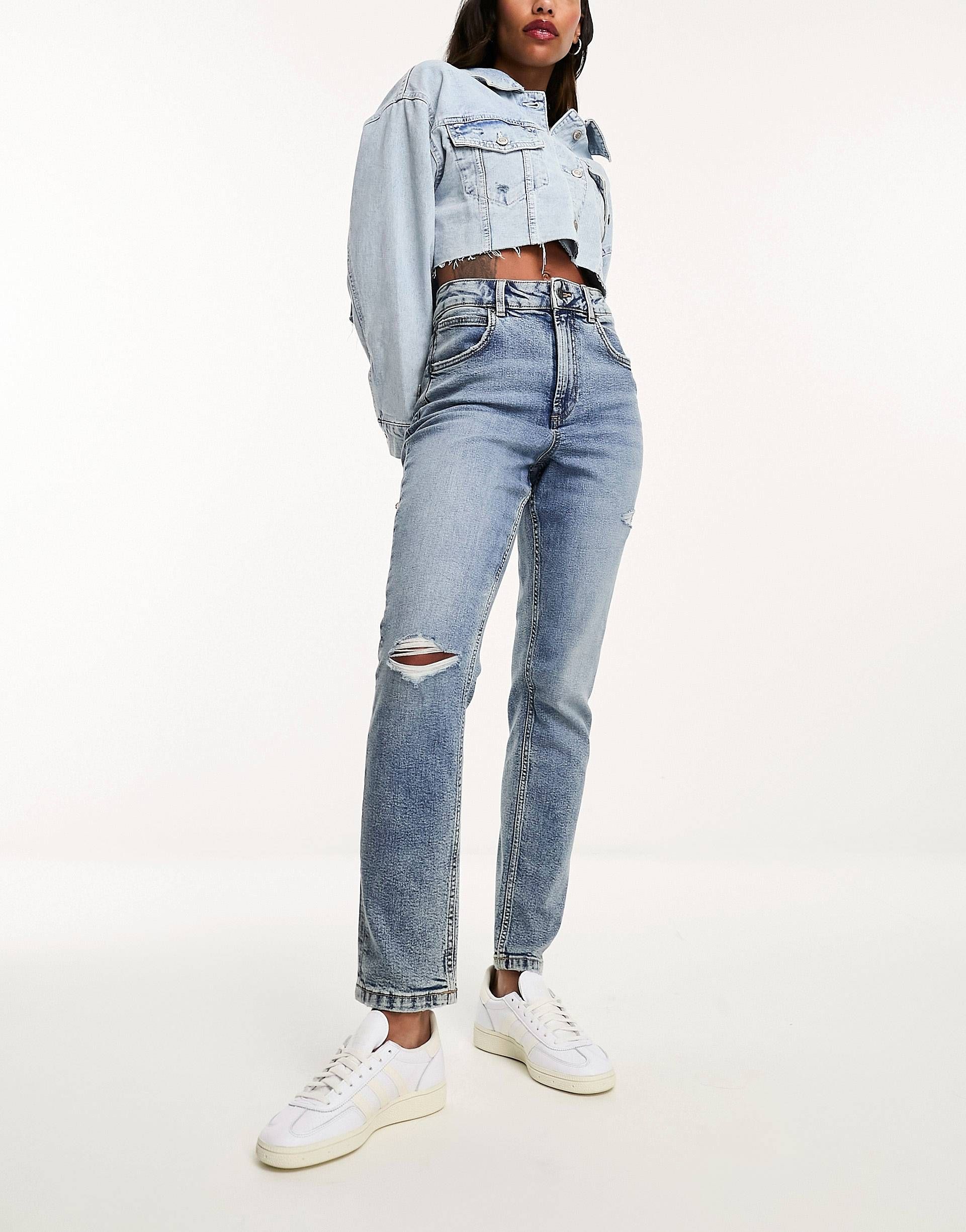 ASOS DESIGN slim mom jeans in mid blue with rip | ASOS (Global)