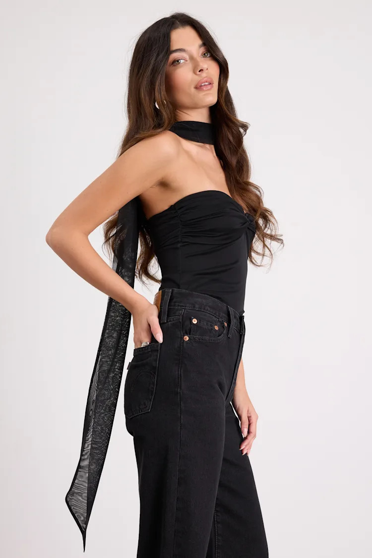 Genevieve Black Mesh Sash Scarf Strapless Top | Lulus