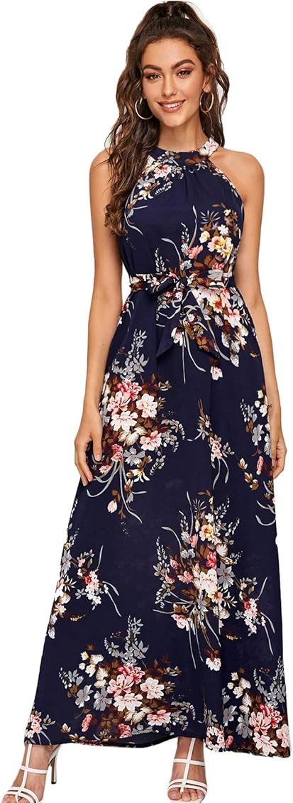 Floerns Women's Sleeveless Halter Neck Vintage Floral Print Maxi Dress | Amazon (US)
