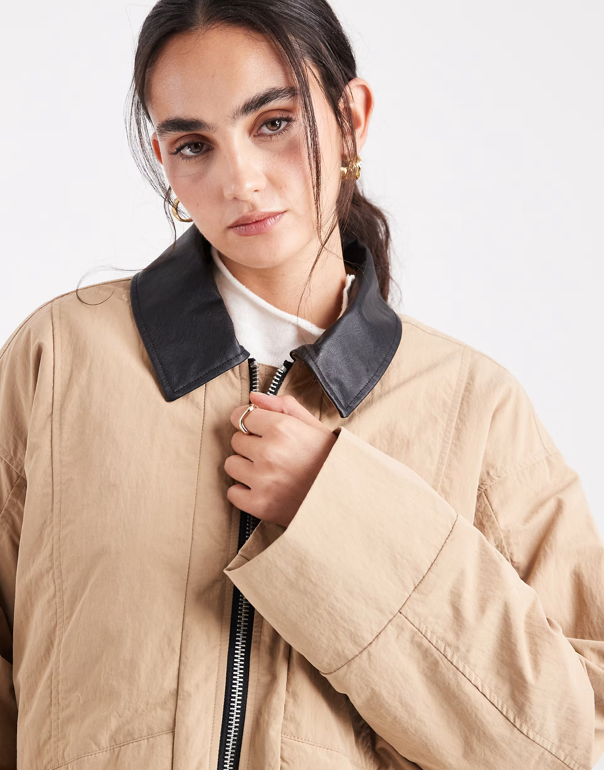 Object water repellent lightly padded barn jacket with faux leather collar in beige | ASOS (Global)
