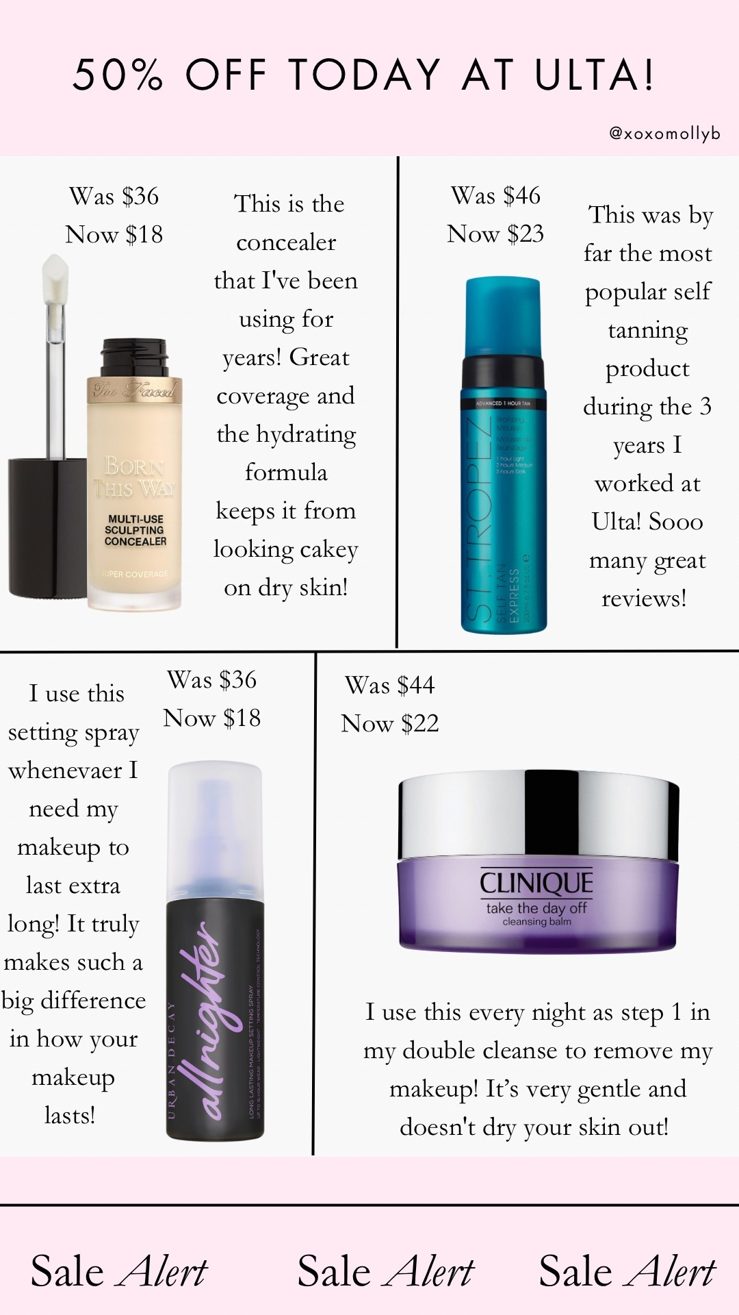 These beauty and skincare products are all 50% off just for today as part of the 21 days of beauty sale at Ulta Beauty! 

Ulta 21 days of beauty, sale, beauty sale,  Ulta Beauty, Ulta, St. Tropez, Clinique, Urban Decay, Too Faced, concealer, tanning mousse, cleansing balm, makeup setting spray, setting spray, All nighter, take the day off, born this way concealer 

#LTKSaleAlert #LTKBeauty #LTKFindsUnder50