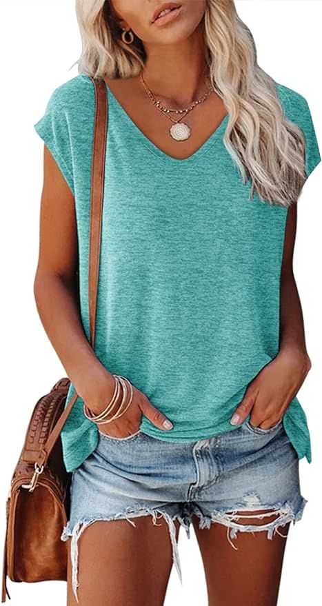 MIROL Women's Cap Sleeve Tank Tops V Neck Solid Color Casual Shirts Loose Fit Basic Blouse | Amazon (US)