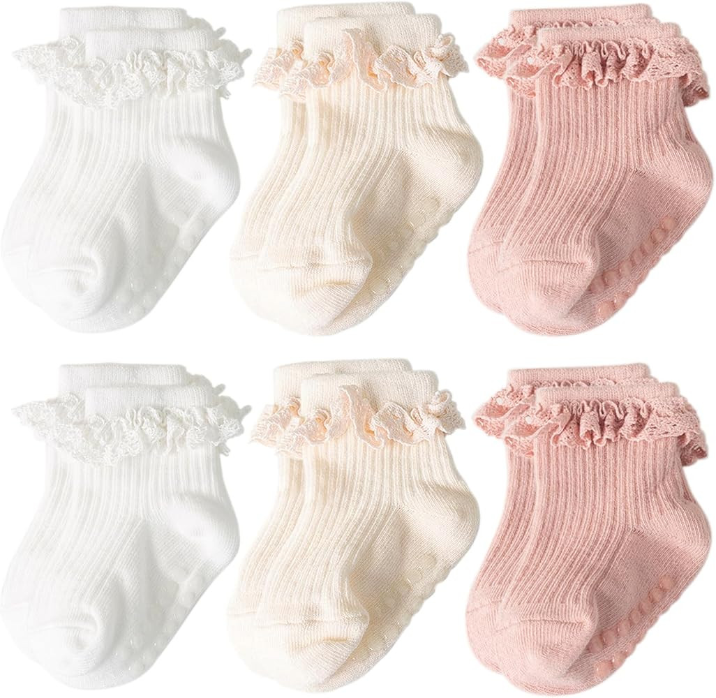 AQOKKA Baby Girl Toddlers Socks with Non-slip Grip Cute Frilly Ruffle Ankle Soft Cotton Newborn B... | Amazon (US)