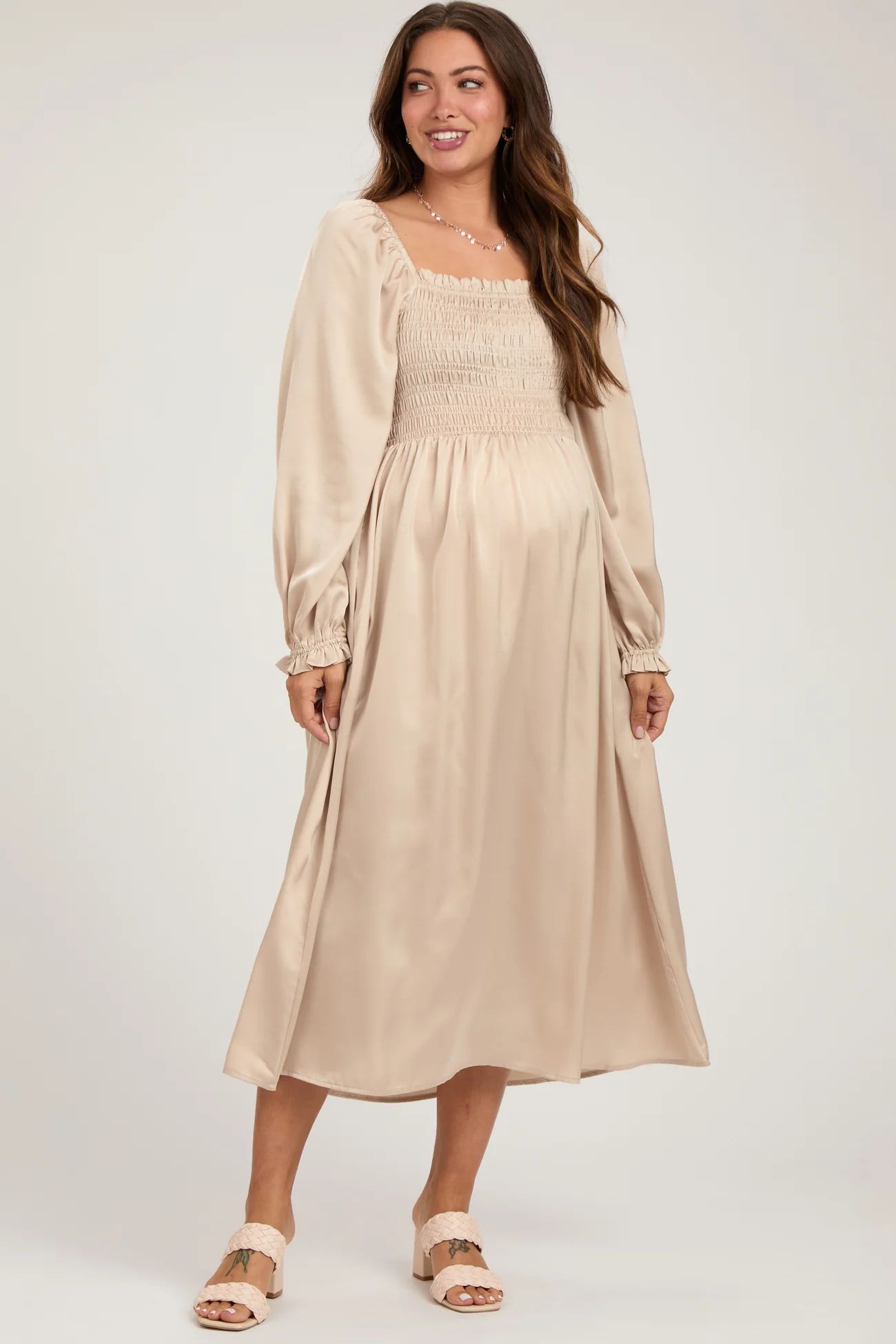 Beige Smocked Square Neck Satin Maternity Midi Dress | PinkBlush Maternity