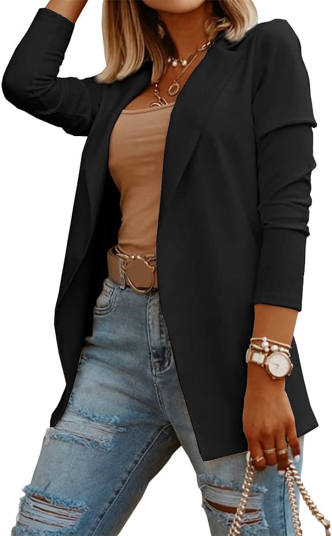 Womens Casual Long Sleeve Blazers Solid Color Knit Blazer Work Office Open Front Blazer Jacket | Amazon (US)