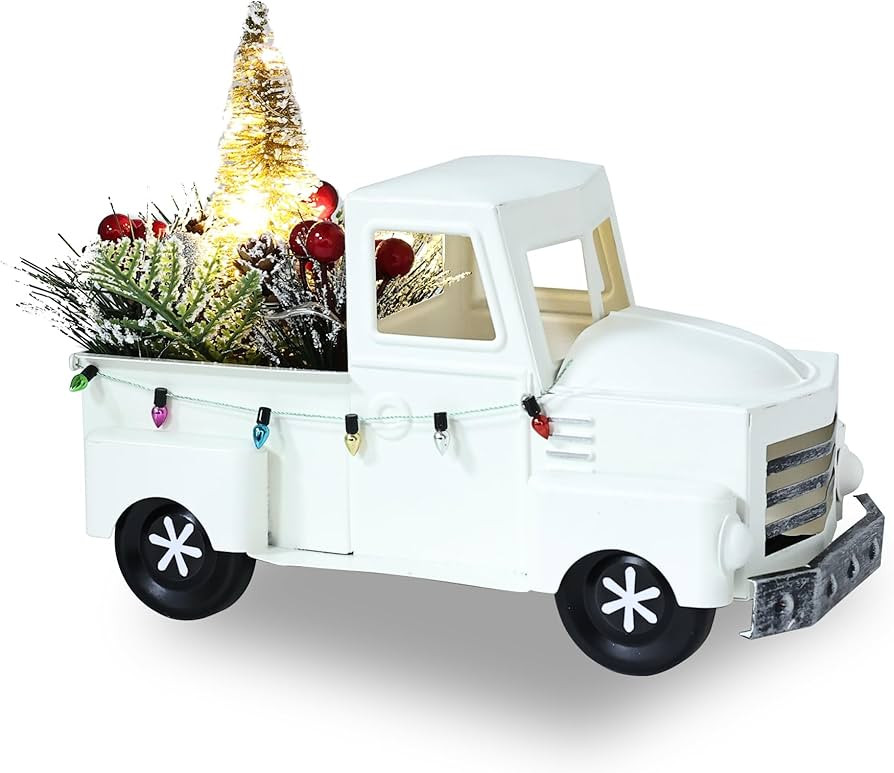 Jusdreen White Metal Truck Christmas Décor with Snow Flocked Christmas Tree Ornament and LED Lig... | Amazon (US)