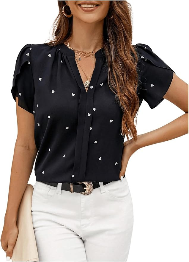 SweatyRocks Women's Casual Summer Petal Sleeve Tops V Neck Heart Print Shirt Pullover Blouse | Amazon (US)