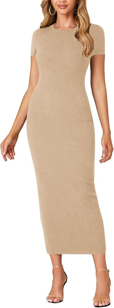 Umenlele Women’s Casual Short Sleeve Ribbed Knit Bodycon Fitted Pencil Long Maxi Dress | Amazon (US)