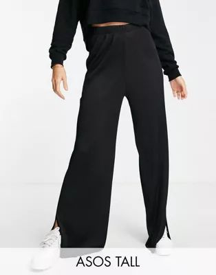 ASOS DESIGN Tall wide leg plisse pant with side split in black | ASOS | ASOS (Global)