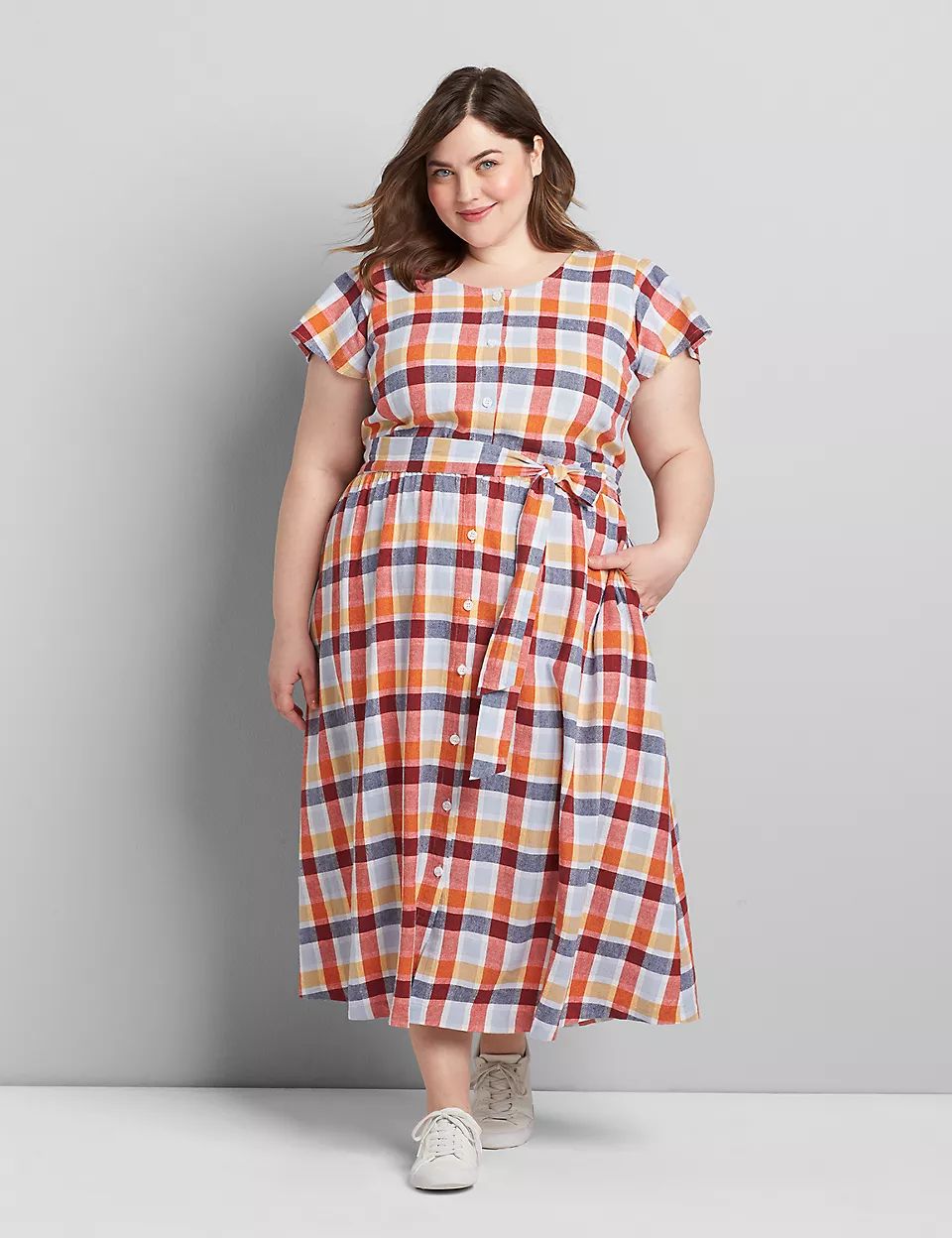 Button-Front Plaid Fit & Flare Dress | Lane Bryant (US)