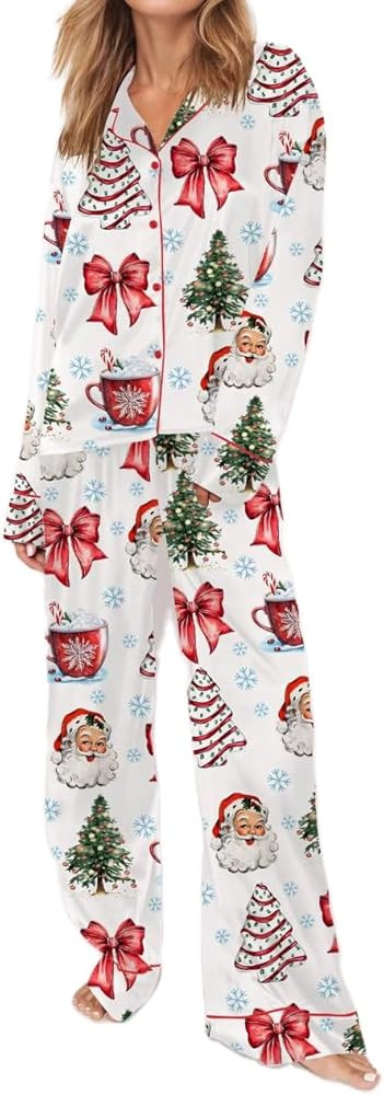 Meiweileya Women Cute Christmas Pajamas Sets Bow Santa Print Long Sleeve Shirt Pants 2 Piece Pj S... | Amazon (US)