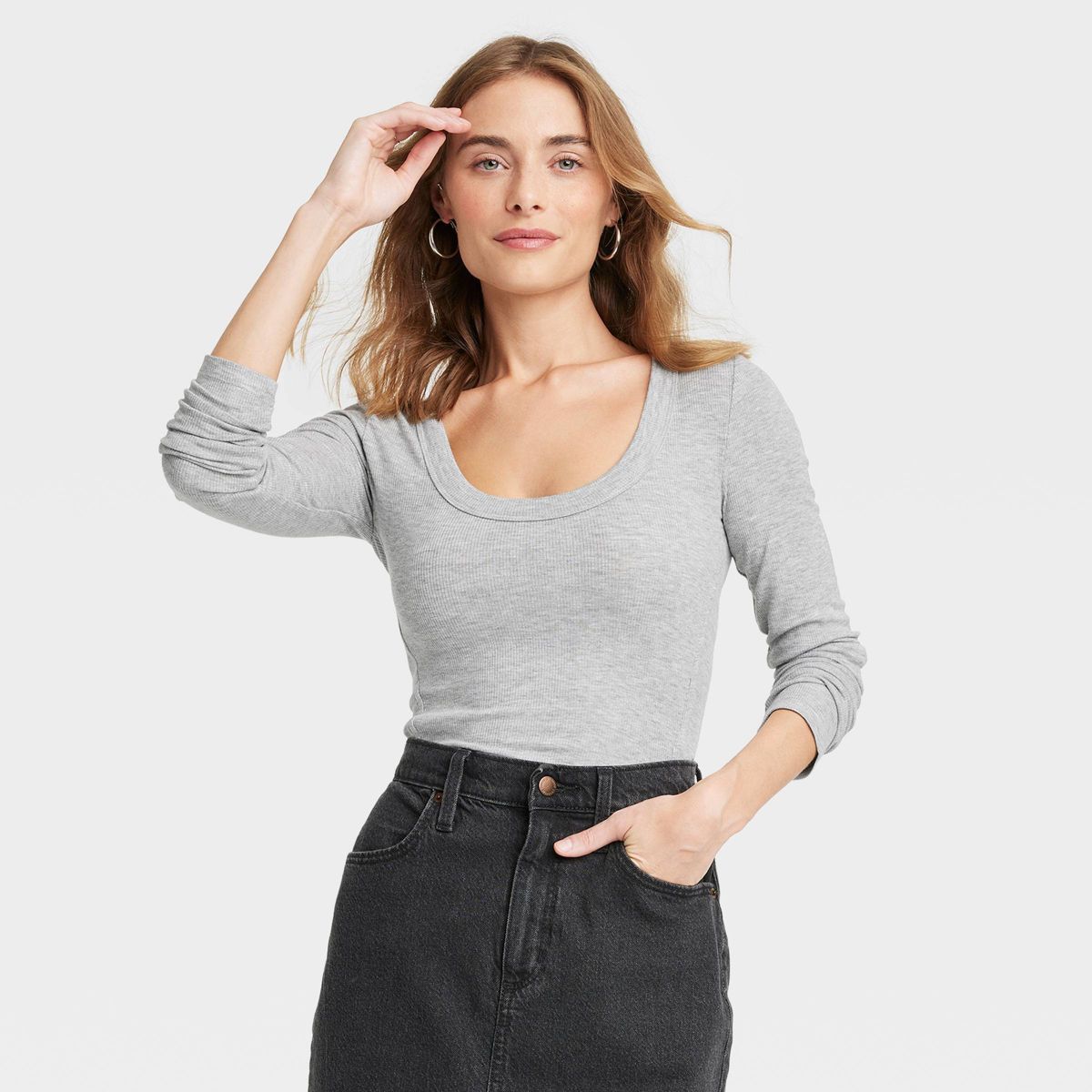 Women's Ribbed Long Sleeve Scoop Neck T-Shirt - Universal Thread™ Gray M | Target